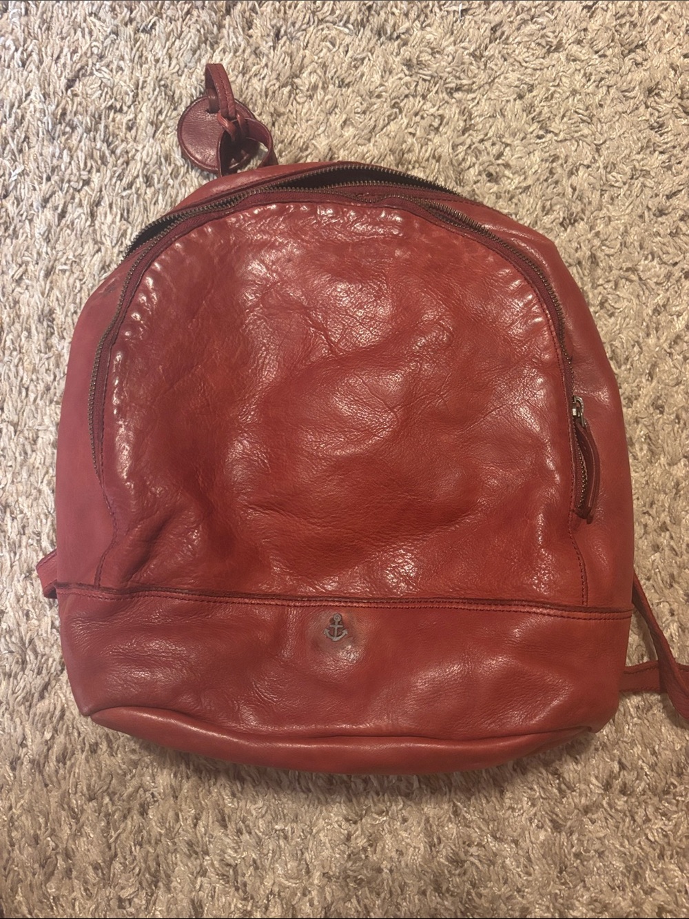 Small Anchor Emblem Leather Backpack - Burgundy Red